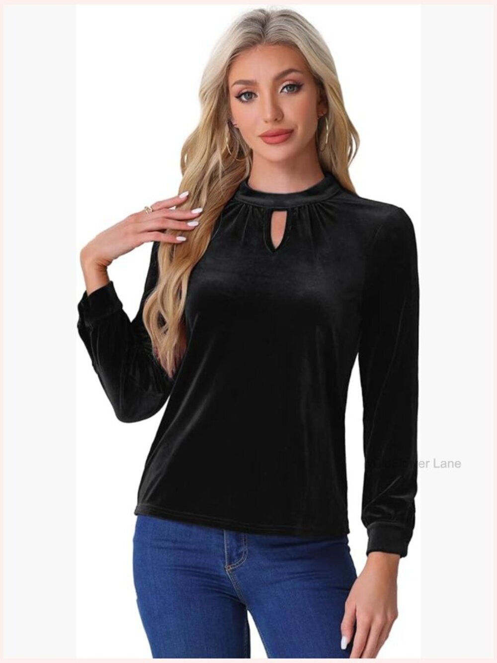Velvet Long Sleeve Stand Collar Blouse with Keyhole Back